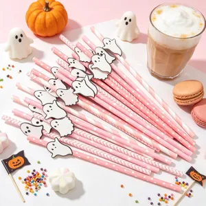 Halloween paper straws with cute ghost decoration, pink striped party drink straws set for dessert table.