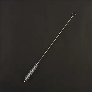 Detailed view of long stainless steel straw cleaning brush with flexible twisted wire handle.