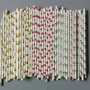 Hawaiian tropical paper drinking straws featuring pineapple, watermelon and flamingo designs.