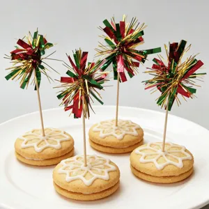 Colorful tinsel firework picks for cake decoration, perfect for Christmas party and dessert.