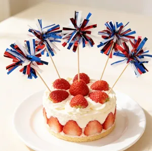 4th of July cake toppers red white and blue tinsel firework picks for party dessert decoration