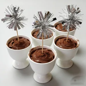 Silver tinsel firework cake picks and white dessert cups for party and Christmas decoration.