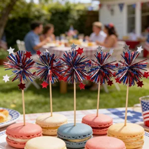 Fourth of July cake toppers firework tinsel star picks for patriotic party dessert decor.