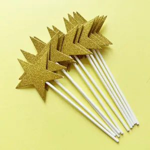 Gold glitter star cake toppers set, sparkling pentagram dessert decoration picks for party celebration.