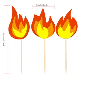 Firefighter theme cake toppers paper flame decorations with wooden sticks party supplies