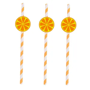 Decorative paper straws with orange slice design for party drinks, eco-friendly and safe.