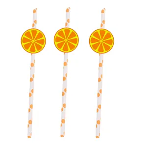 Decorative paper drinking straws with orange slice design for party events and juice drinks.