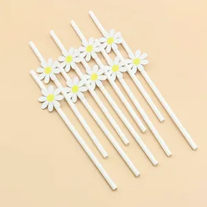 Cute white paper drinking straws with lovely daisy flower decorations for party supplies.