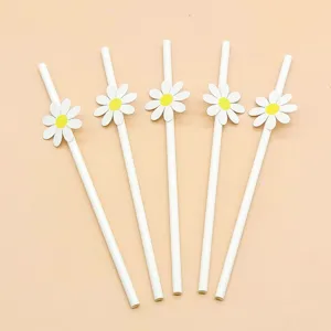 Creative party paper straws with cute daisy flower decorations, perfect for birthdays and events.