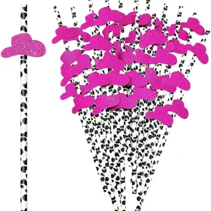 Cannucce di carta con stampa mucca e decorazioni di cappello da cowboy glitter rosa
