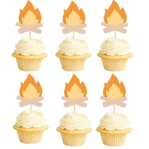 Firefighter theme campfire cake toppers set, cute paper flame cupcake decorations for party.