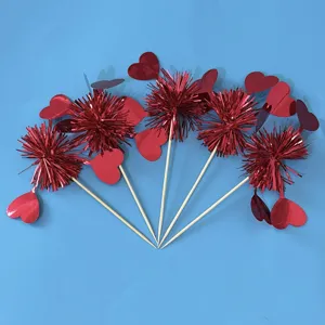 Valentine red heart firework cake topper decorative dessert picks for party celebration 5pcs