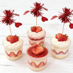 Valentine heart cake toppers red tinsel picks detail view strawberry dessert cups decor