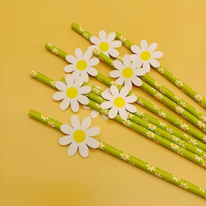 Creative colorful party paper drinking straws with cute white daisy flower decors