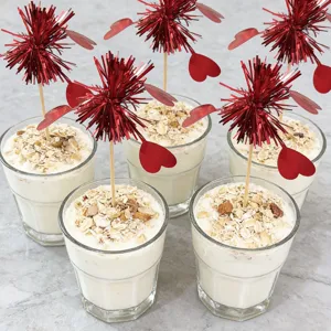 Valentine's day decorative heart tinsel picks, detail view of cute dessert cake toppers.