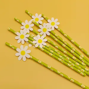 Close-up detail of green paper drinking straws with cute daisy flower cards and prints.