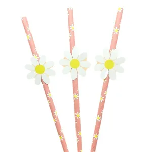 Pink daisy paper straws with cute floral card decorations for party supplies and celebrations.