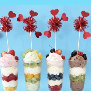 Valentine's day red heart tinsel cake toppers, creative firework dessert decoration picks for party