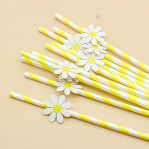 Yellow striped paper drinking straws with cute paper daisy flower decorations for party events.