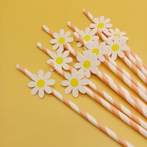 Pink and white striped paper drinking straws featuring cute daisy flower cards for party decor.