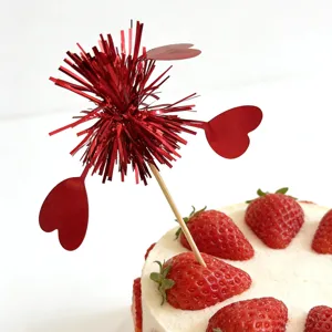 Red tinsel heart cake topper, creative Valentine's Day dessert decoration insert for party.