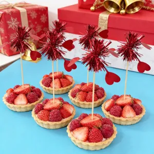 Red heart tinsel cake picks for Valentine's day dessert decoration and party baking inserts.