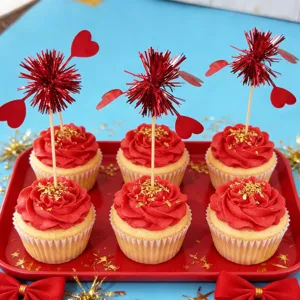 Valentine's Day cake toppers with red tinsel firework and heart design for dessert party decor.
