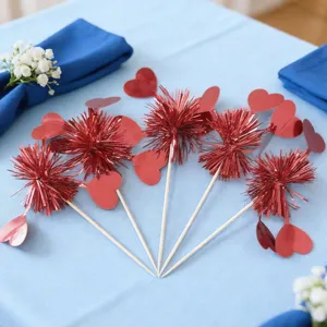 Red tinsel heart cake picks decorative party toppers for romantic dessert decoration.