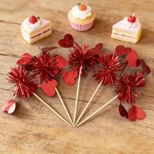 Red tinsel heart cake toppers, creative firework decorative picks for Valentine's Day dessert.