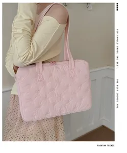 Sac à ordinateur matelassé rose nœud style coréen mignon fourre-tout d'épaule 14 pouces.