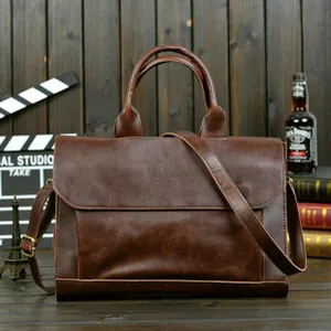 Vintage braune Leder Herren Aktentasche Messenger Bag, Business Laptop Umhängetasche Detail.
