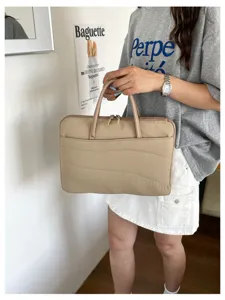 Korean quilted laptop bag 14 inch minimalist beige notebook protective sleeve commuter
