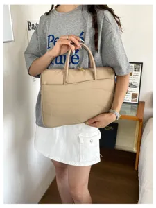 Korean style quilted 14-inch laptop bag beige minimalist business commuter protective sleeve