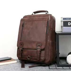 Men Business Casual PU Leather Backpack Large Capacity Commuter School Bookbag Laptop Bag With USB Charging Port
