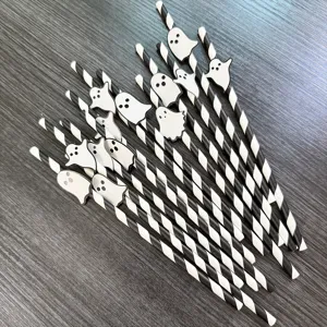 Halloween black and white striped paper straws with cute ghost decors for party dessert table decor.