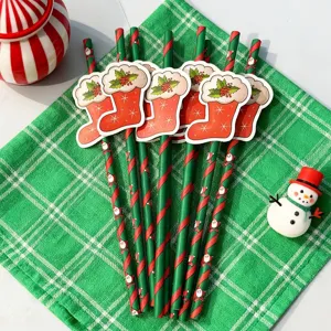 Christmas paper straws with cute stocking cards, ideal for holiday party decoration supplies.