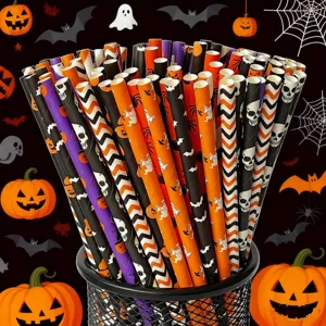 Halloween Papirostrohhalme biologisch abbaubar Partystrohhalme mit Totenköpfen Kürbissen