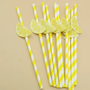 Disposable biodegradable paper drinking straws featuring cute lemon slice decor for parties.