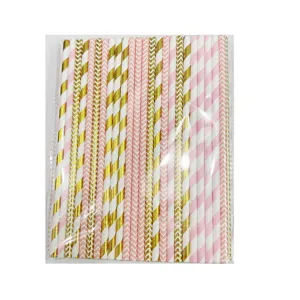 Biodegradable pink and gold disposable paper straws set for birthday party decorations supply.