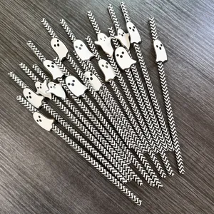 Halloween black and white chevron paper straws with cute ghost decorations for party table.