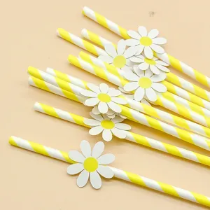 Yellow white striped paper straws with cute daisy flower decorations for party events.