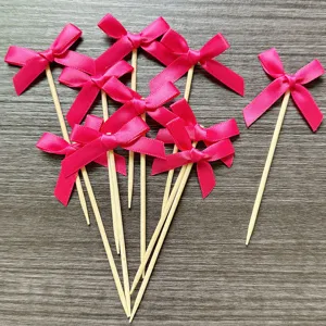 10pcs Pink Ribbon Bow Cake Toppers Fabric Bowknot Toothpicks for Dessert Baking Party