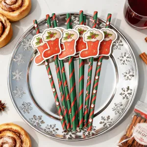 Christmas decorative paper straws with stocking attachment, perfect for holiday party supplies.