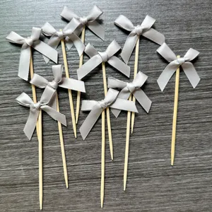 Grey bow cake toppers set fabric ribbon dessert picks for birthday party baking decoration