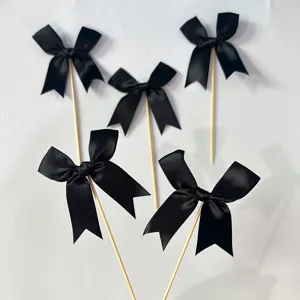 Black satin ribbon bow cake toppers wooden stick dessert party baking decoration 5pcs