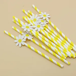 Creative Party Paper Straws With Daisy Flower Decals Striped Biodegradable Drinking Straws For Birthday Wedding Supplies