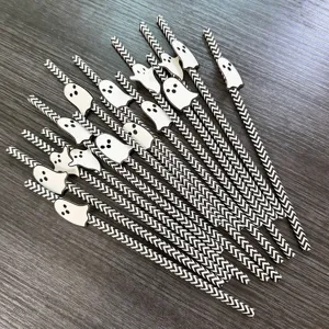 Halloween paper straws with cute ghost decoration, black and white chevron party drink straws set.