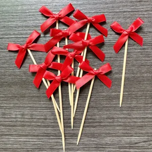 Red ribbon bow wooden cake toppers 10pcs for dessert baking and party decoration details