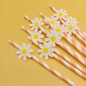 Striped paper straws with cute white daisy flowers for party decoration and drinks set