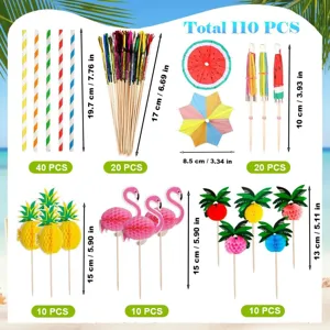 Hawaiian Luau Party Decorations Tropical Flamingo Pineapple Honeycomb Centerpieces Paper Straw Drink Picks Set